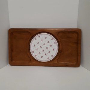 MCM Wood Cheese Board Pink Tulips Ceramic Middle Gailstyn-Sutton 1960's